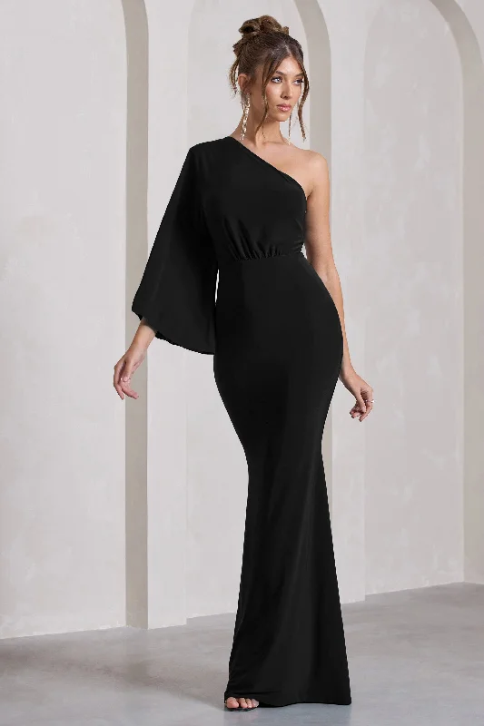 Luciana | Black One Shoulder Drape Sleeve Maxi Dress Trendy Maxi Dress with Straps