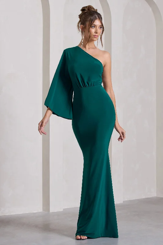 Luciana | Bottle Green One Shoulder Drape Sleeve Maxi Dress Fashionable High-Waist Maxi Dress