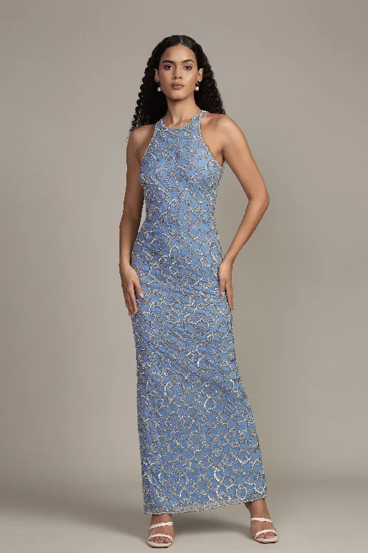 Maddox Embellished Maxi Dress in Powder Blue Stylish Longline Maxi Dress