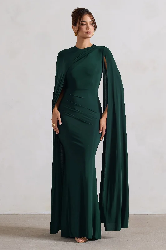 Magdelena | Bottle Green Asymmetric Cape Maxi Dress Comfortable Maxi Dress with Belt