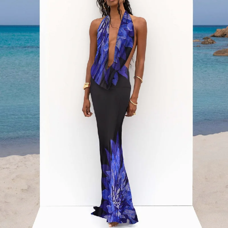 Zjkrl Mesh See Through Beach Dress Women Blue Print Sexy Backless Maxi Dress Summer Elegant Halter Bodycon Long Dress Club Party 2023 Comfortable Maxi Dress with Slits