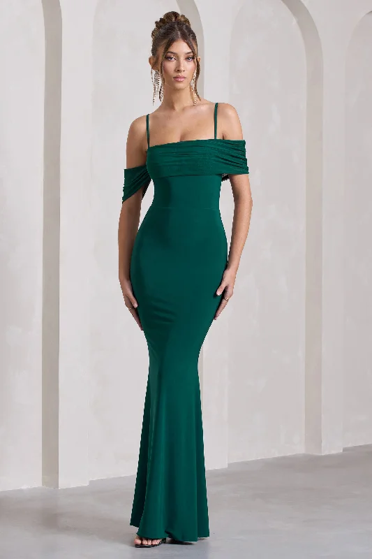 Miracle | Bottle Green Strappy Mesh Bardot Maxi Dress Stylish Long Sleeve Maxi Dress