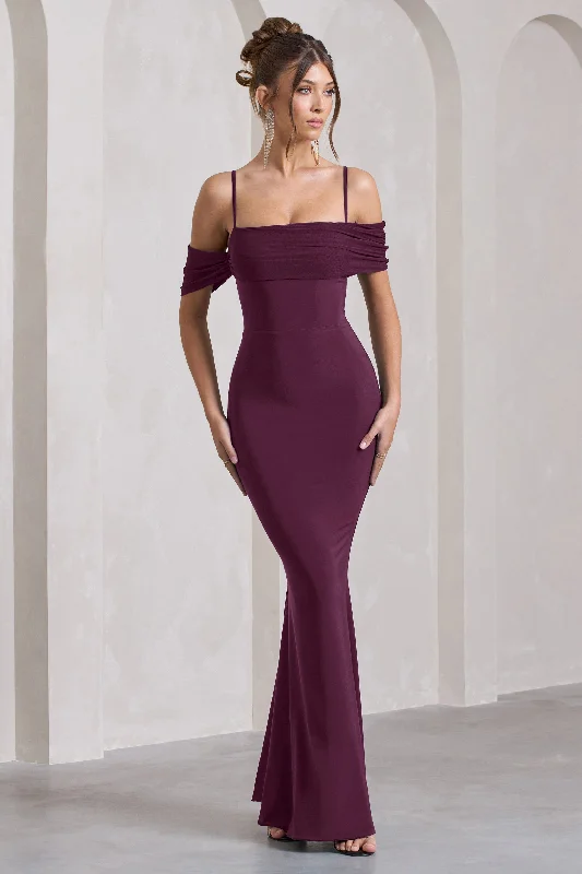Miracle | Plum Strappy Mesh Bardot Maxi Dress Elegant Lace Maxi Dress