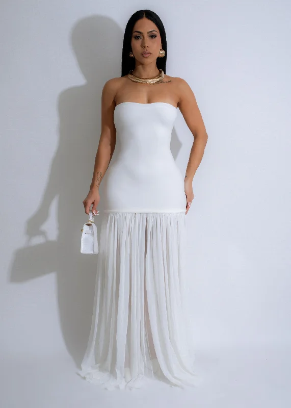 Moonlit Cascade Mesh Maxi Dress White Classic V-Neck Maxi Dress
