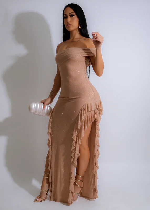 Moonlit Ruffle Maxi Dress Nude Elegant Floral Maxi Dress