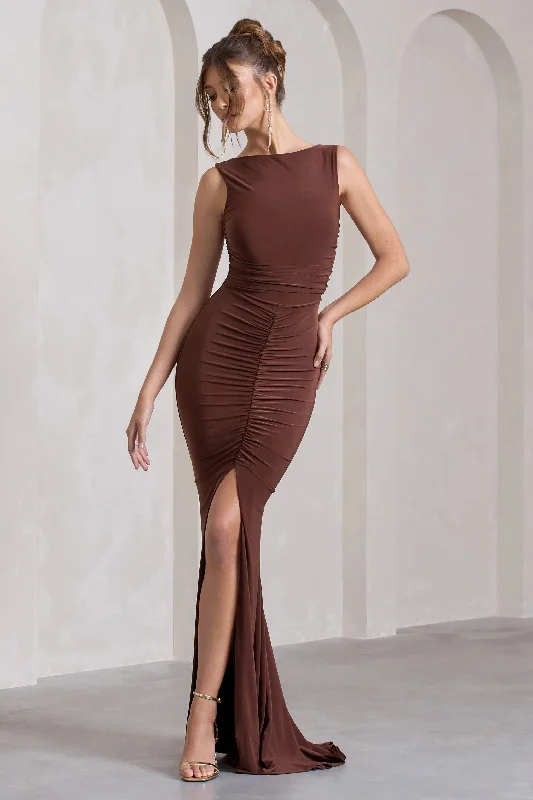 My Presence | Chocolate Brown Low-Back Fishtail Split Maxi Dress Elegant Maxi Dress with Pockets