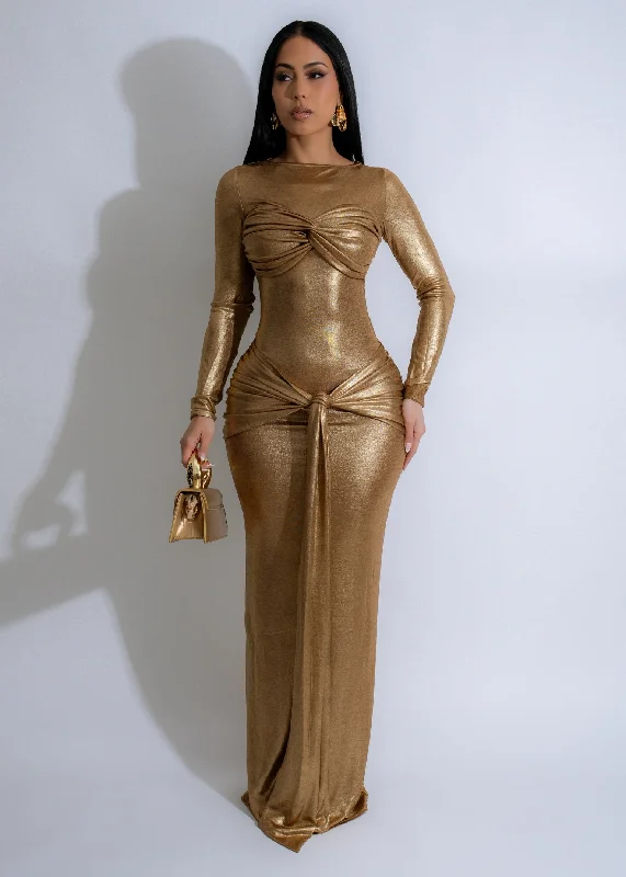 Mystical Ruched Maxi Dress Gold Trendy V-Neck Maxi Dress