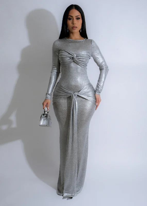 Mystical Ruched Maxi Dress Silver Comfortable Satin Maxi Dress