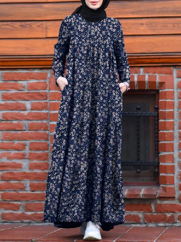 Women Floral Print Tiered Dress O-Neck Casual Maxi Dress With Side Pocket Trendy Satin Maxi Dress