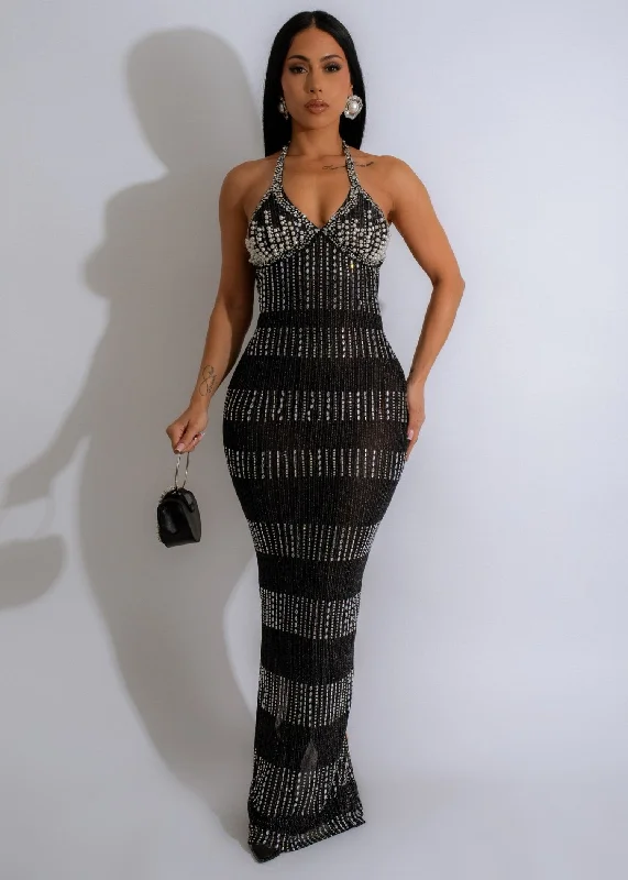 On To The Next Rhinestones Maxi Dress Black Fashionable High-Waist Maxi Dress