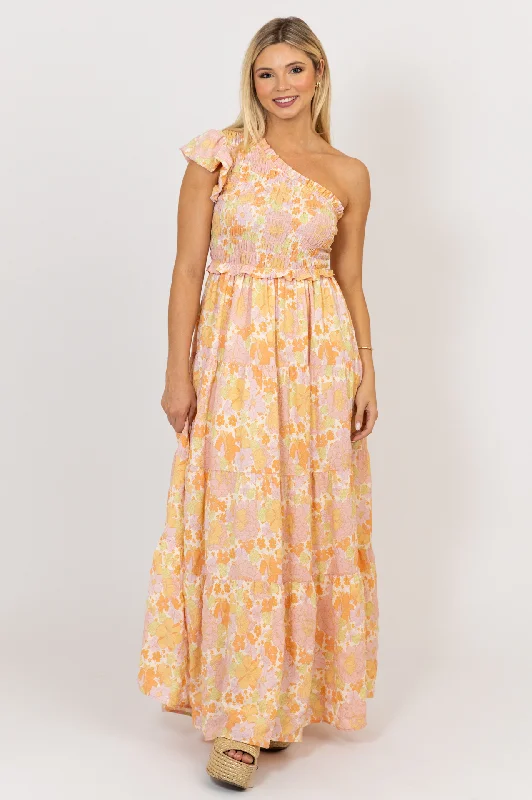 Pastel Floral One Shoulder Maxi Dress Elegant Maxi Dress with Pockets