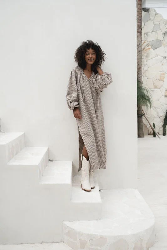 Poet Maxi Dress ~ Taupe Comfortable Satin Maxi Dress