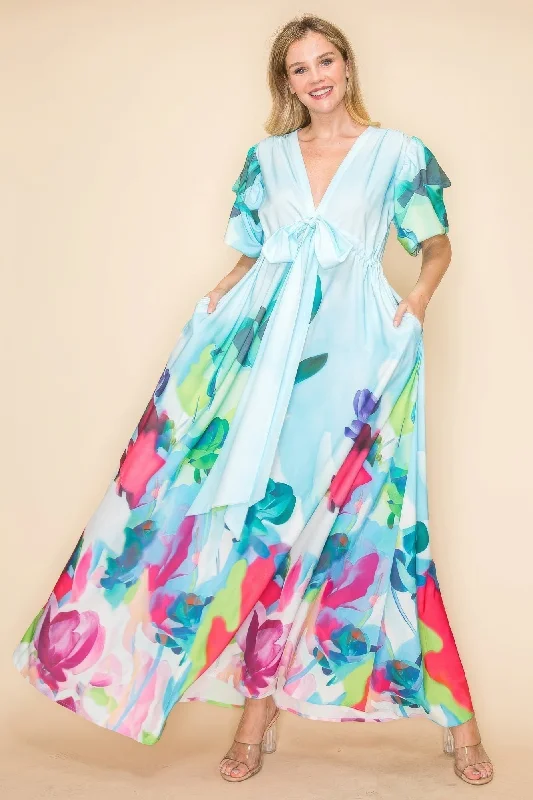 Printed V Neck Maxi Dress Stylish Empire Waist Maxi Dress