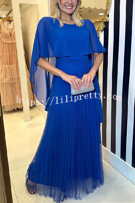 Ready for Holiday Cape Sleeve Tie-up Pleated Maxi Dress Cozy Knit Maxi Dress
