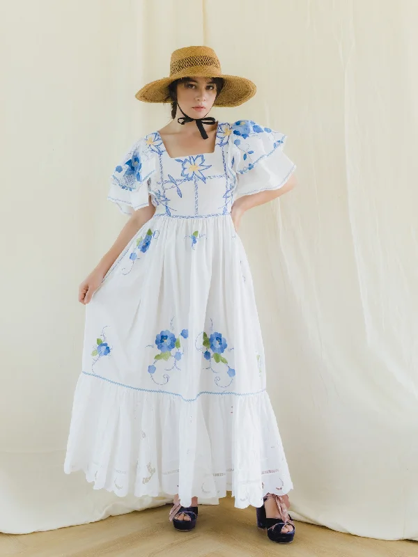 Re-Dress Upcycled Floral Tiered Blue Maxi Dress Classic Solid Maxi Dress