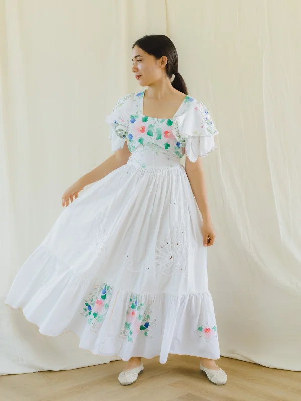 Re-Dress Upcycled Vintage Rose Embroidered Maxi Dress Comfortable Pleated Maxi Dress