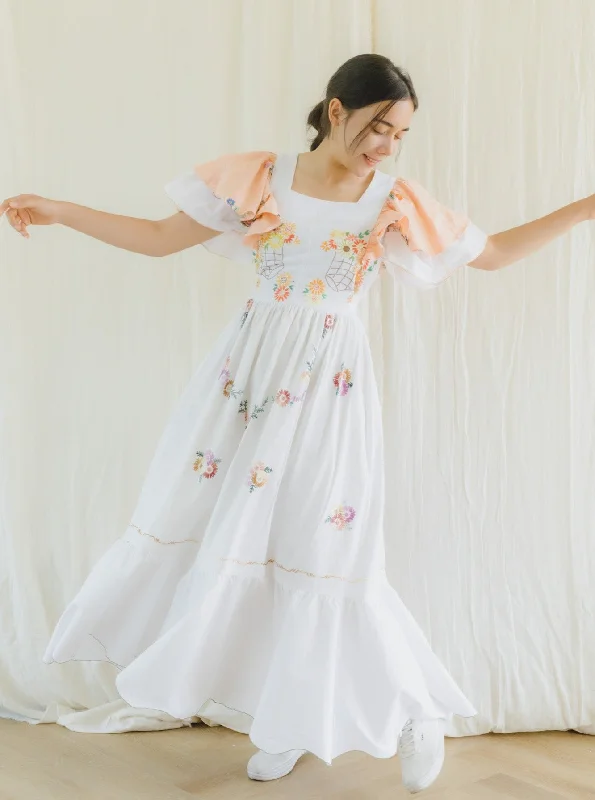 Re-Dress Upcycled Floral Peach Tiered Maxi Dress Casual Maxi Dress with Pockets