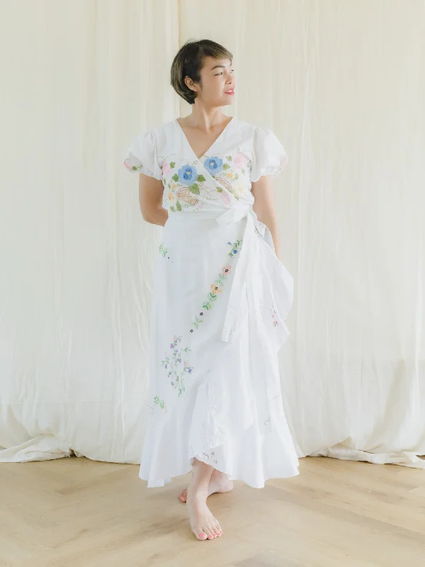 Re-Dress Upcycled Floral Embroidered Wrap White Maxi Dress Fashionable Maxi Dress with Fringe