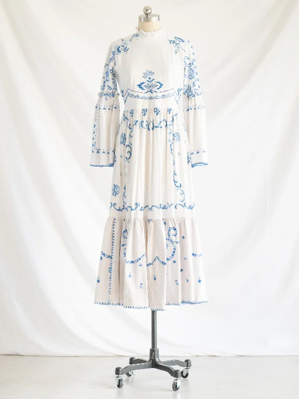 Re-design Upcycled Blue Floral Embroidered Maxi Dress Classic A-Line Maxi Dress