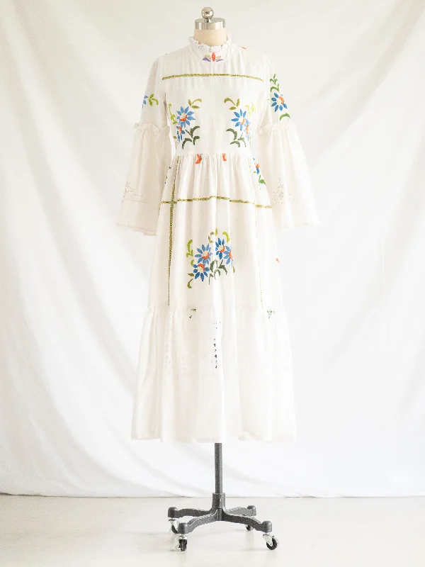 Re-design Upcycled Ruffle Necked Vibrant Floral Maxi Dress Fashionable Layered Maxi Dress