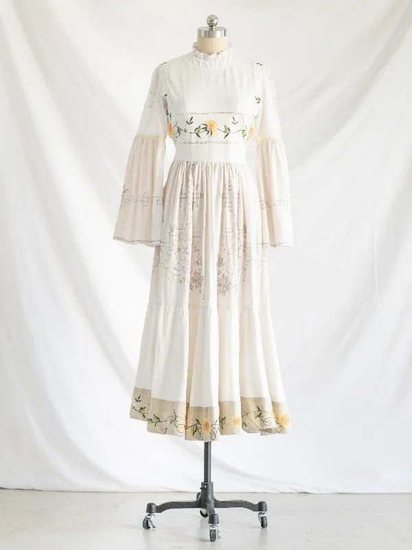 Re-design Upcycled Sunflower Embroidered Beige Border Maxi Dress Trendy Printed Maxi Dress