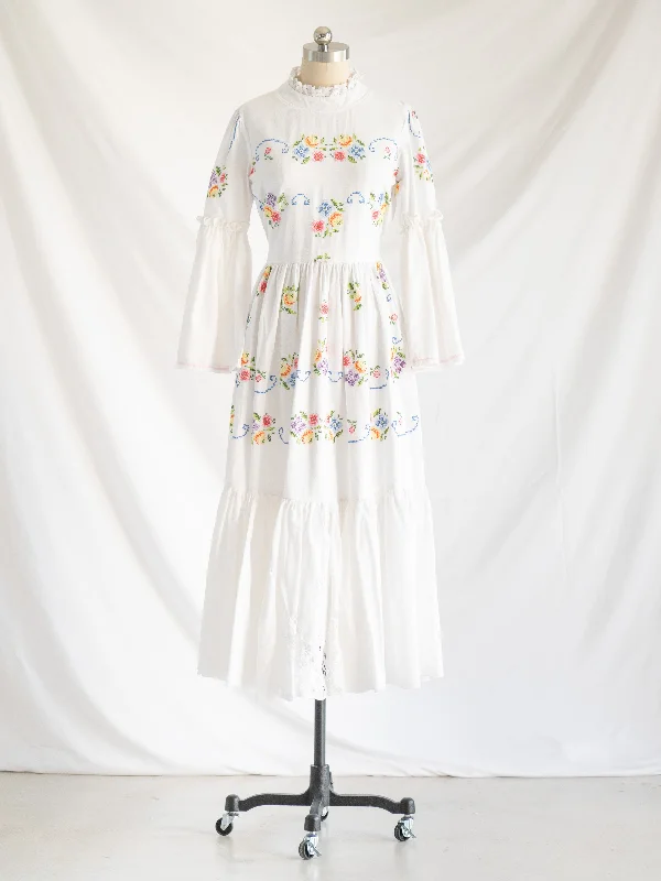 Re-design Upcycled Ruffle Necked Colorful Floral Maxi Dress Stylish Long Sleeve Maxi Dress