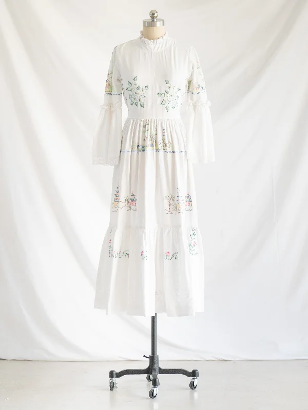 Re-design Upcycled White Colorful Cross-stitch Maxi Dress Cozy Ruffle Sleeve Maxi Dress