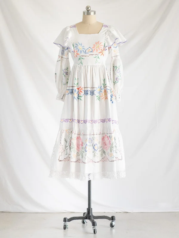 Re-design Upcycled Vibrant Cross-stitch White Floral Maxi Dress Comfortable Fitted Maxi Dress