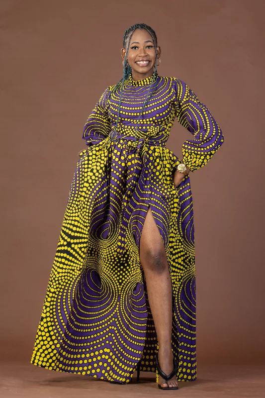 Remy Ankara Maxi Dress | Yellow and Purple African Print Comfortable Cotton Maxi Dress