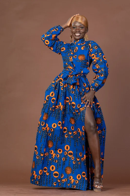 Royal Ankara Maxi Dress | Blue and Orange African Print Stylish Long Sleeve Maxi Dress