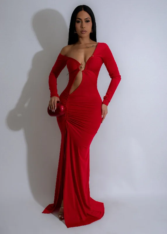 Seductive Symphony Ruched Maxi Dress Red Fashionable Button-Down Maxi Dress