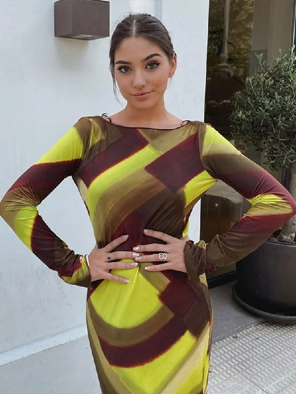 Sexy Backless Print Slim Maxi Dress For Women Fashion O Neck Long Sleeve Long Dresses Ladies Vintage Streetwear Sexy Dress Fashionable Maxi Dress with Fringe