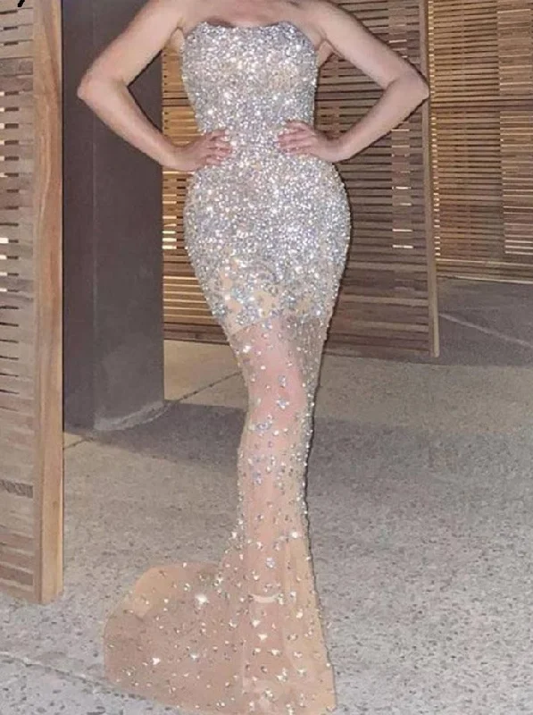 Sexy Sequin Rhinestone Mesh Bodycon Fishtail Dress Women Off Shoulder Sleeveless Maxi Dresses Lady Elegant Party Evening Dress Stylish A-Line Maxi Dress