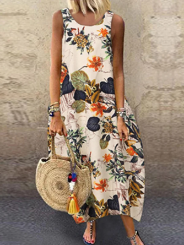 Sleeveless O-neck Loose Causal Floral Print Maxi Dress Trendy V-Neck Maxi Dress