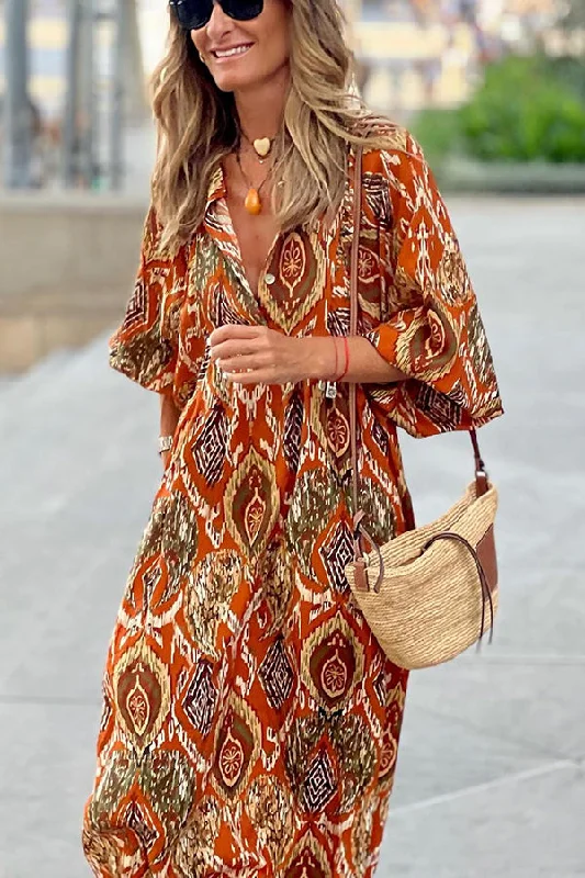 So 70's Multi Print Drape Maxi Dress Stylish V-Neck Maxi Dress