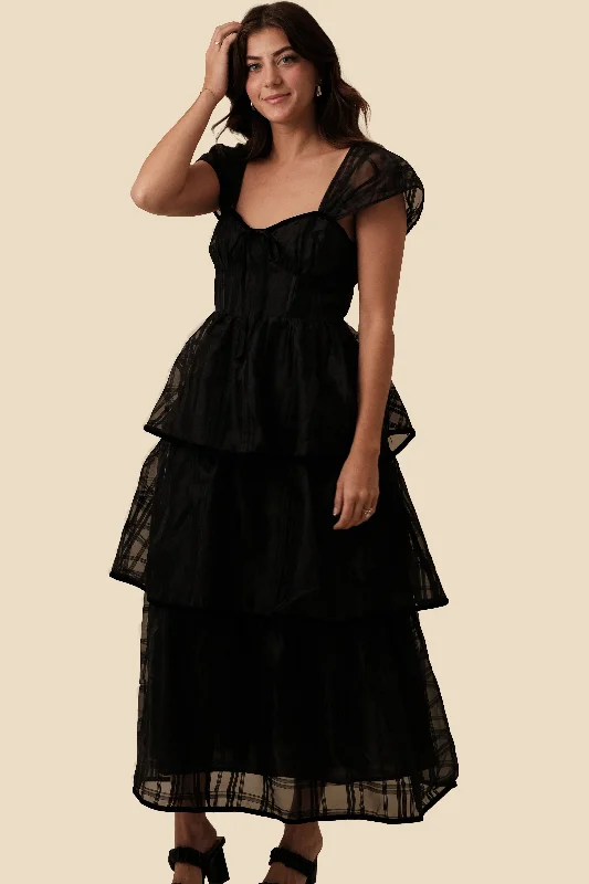 Sofie the Label Ava Black Plaid Chiffon Tiered Maxi Dress Cozy Spaghetti Strap Maxi Dress