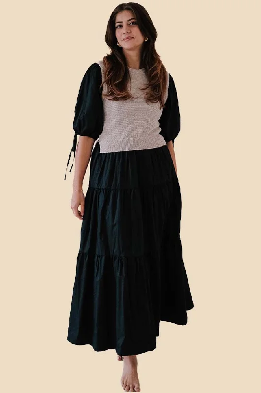 Sofie the Label Valencia Mixed Knit Tiered Maxi Dress (Black) L Comfortable Ruffle Hem Maxi Dress