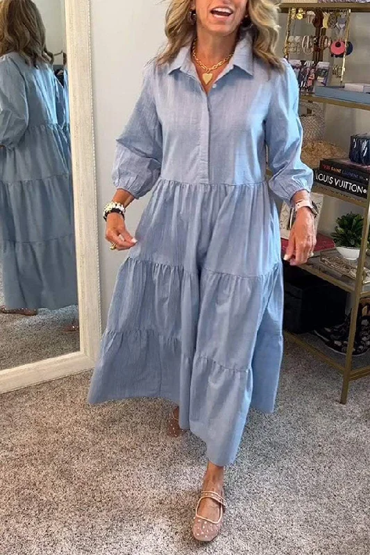Solid Color Lapel Elastic Cuffs Loose Maxi Dress Fashionable Printed Maxi Dress