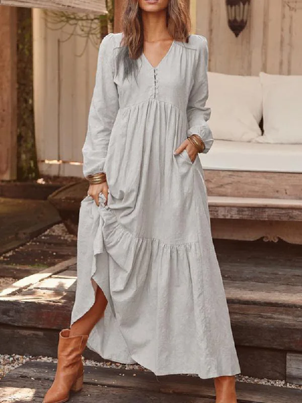 Women Solid Color V-neck Button Pleated Long Sleeve Vintage Maxi Dress Fashionable Maxi Dress with Fringe