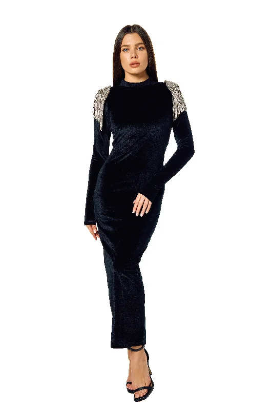 Sparkly Rhinestone Fringe Shoulder Pad Velvet maxi Dress - Black Stylish Off-Shoulder Maxi Dress Sparkly Rhinestone Fringe Shoulder Pad Velvet maxi Dress - Black Stylish Off-Shoulder Maxi Dress