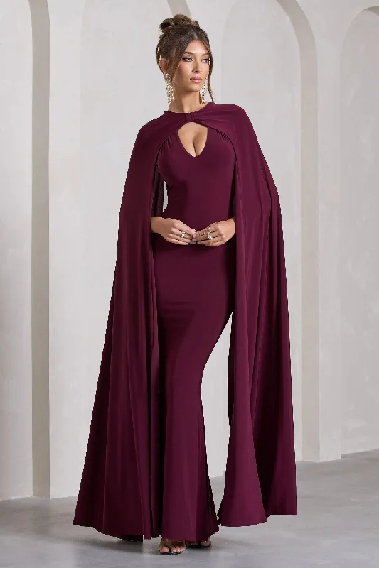 Standing Ovation | Burgundy Plunge-Neck Cape Maxi Dress Comfortable Casual Maxi Dress Standing Ovation | Burgundy Plunge-Neck Cape Maxi Dress Comfortable Casual Maxi Dress