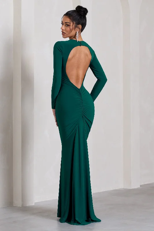Starring | Bottle Green Long-Sleeve Backless Fishtail Maxi Dress Cozy Longline Maxi Dress