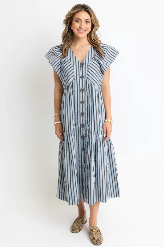 Stripe Vneck Button Maxi Dress Elegant Maxi Dress with Ruffles