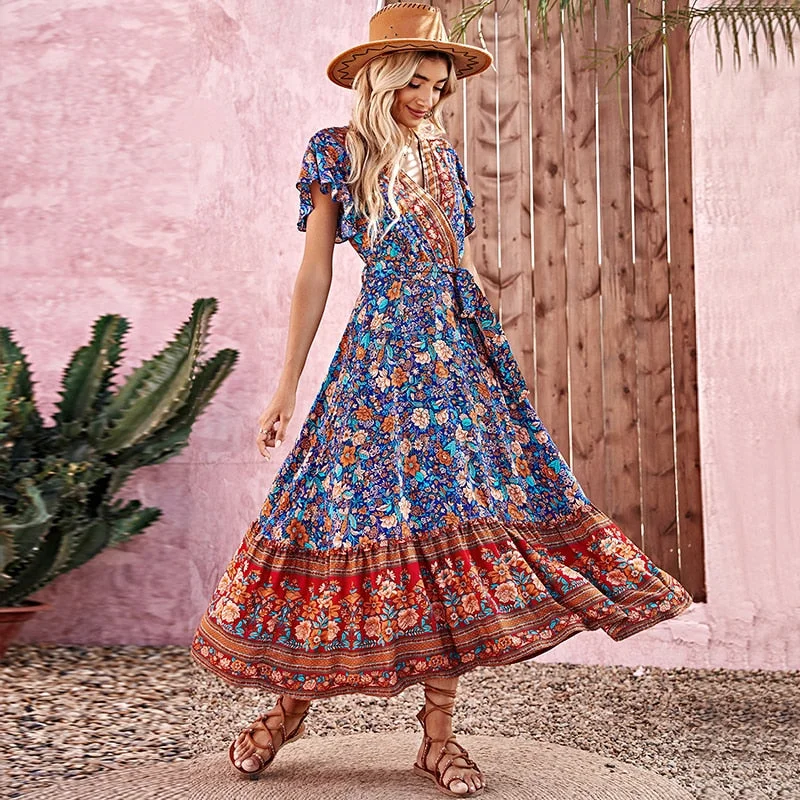 Summer Beach Floral Print Dress for Women Bohemian Elegant Ladies V-neck Short Sleeve Female Robe Boho Hippie Maxi Dresses Stylish Longline Maxi Dress Summer Beach Floral Print Dress for Women Bohemian Elegant Ladies V-neck Short Sleeve Female Robe Boho Hippie Maxi Dresses Stylish Longline Maxi Dress