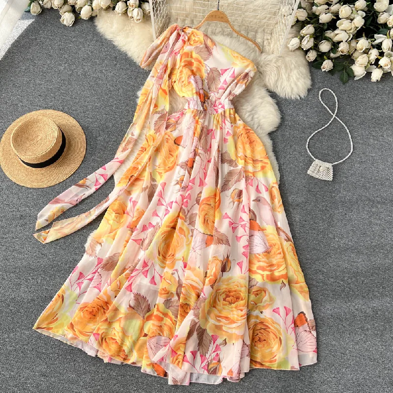 Zjkrl Summer Oblique Chiffon Bohemian Maxi Dress Women's Bow Off One Shoulder Floral Print High Waist Holiday Beach Long Dress Chic Off-Shoulder Maxi Dress
