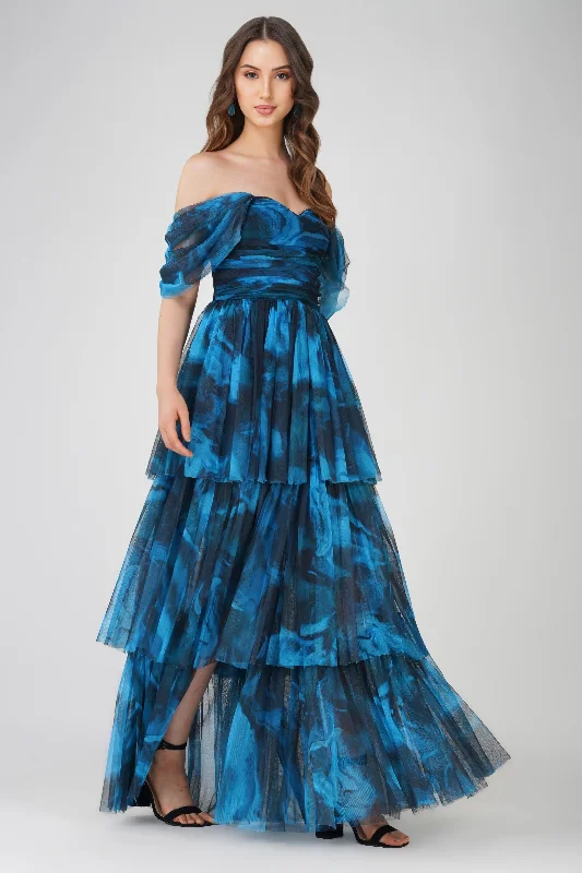 Sydney Tulle Maxi Dress in Blue Watercolour Trendy Floral Print Maxi Dress