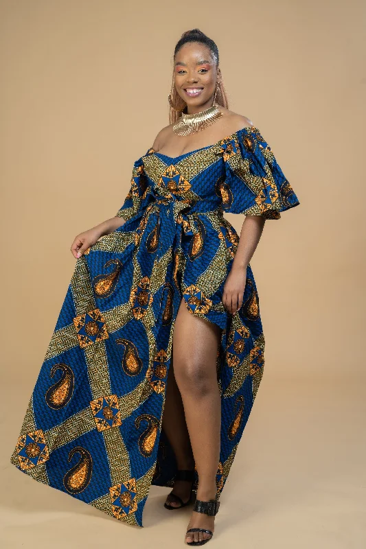 Taylor Ankara Off shoulder Maxi Dress | Blue and Gold African Print Trendy Maxi Dress with Lace
