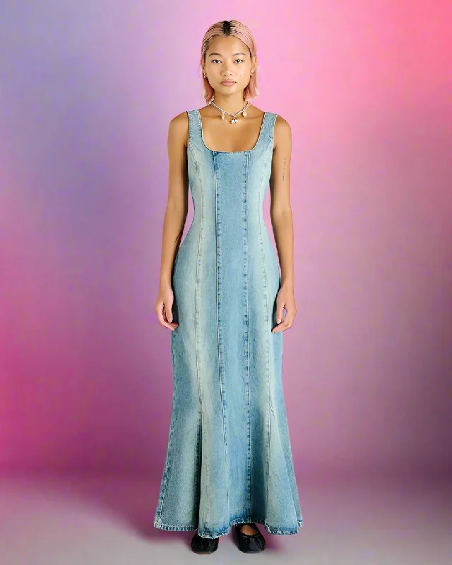The Ragged Priest Miss World Denim Maxi Dress Trendy Short Sleeve Maxi Dress
