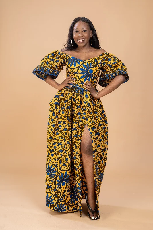 Tinsley Ankara Off shoulder Maxi Dress | Yellow and Blue African Print Cozy Maxi Dress with Slit