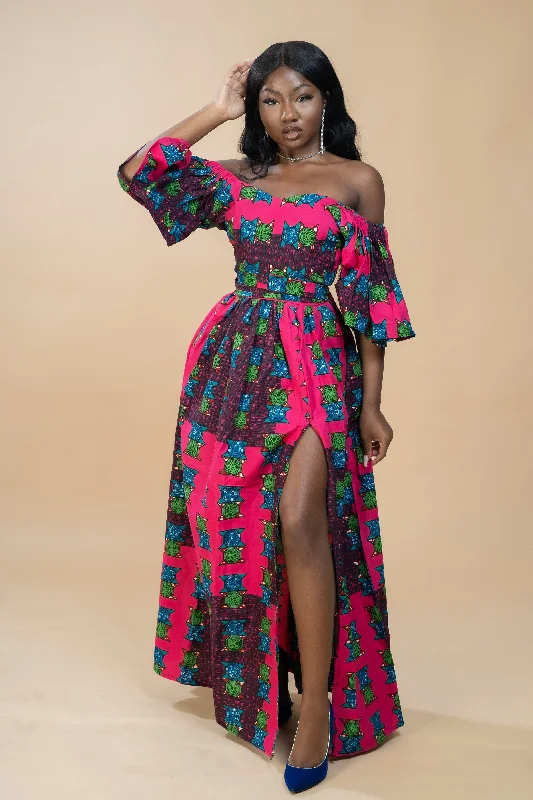 Tolu Ankara Off shoulder Maxi Dress | Pink and Green African Print Trendy Fit-and-Flare Maxi Dress